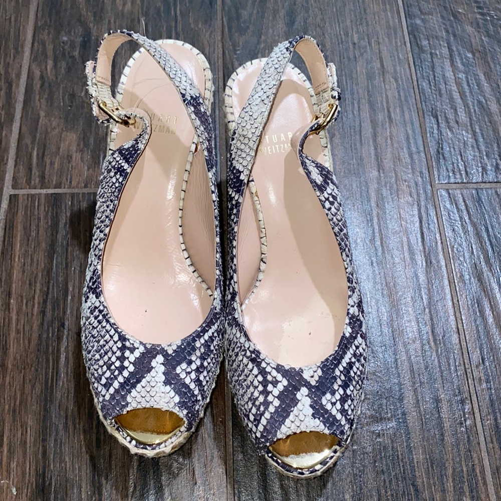 Stuart Weitzman Snake Print Open Toe Wedges - image 1